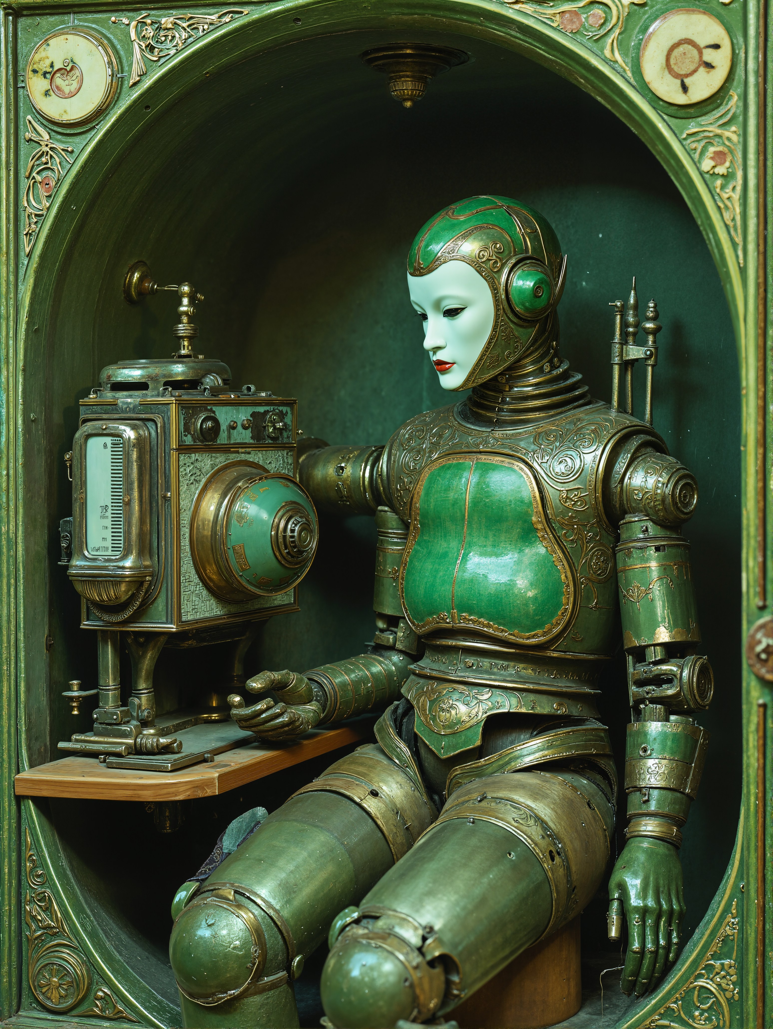 A green vintage robot seated in a gilded niche beside an old radio